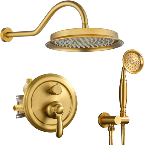 Homekicen Antique Brass Shower System Faucet Set, 9" Rainfall head with Handheld Spray Combo, 2 Way Diverter Pressure Balancing Valve with Trim Kit for Bathroom