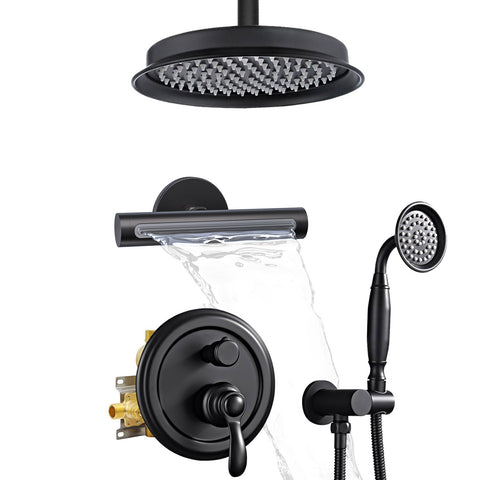 Homekicen Antique Shower-Faucet Sets System, 9" Ceiling Mounted Rain Head & Waterfall Tub Spout and Vintage Handheld Spray Combo, 3 Way Diverter Brass Valve with Trim Kit