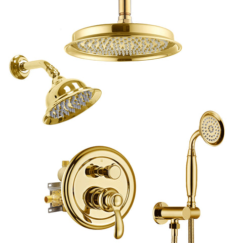 Homekicen Antique Dual Shower Head System, Ceiling Mounted Rain Head & 6" Wall Mount Vintage Rainfall and Handheld Spray Faucets Set, 3 Way Diverter Brass Valve with Trim Kit