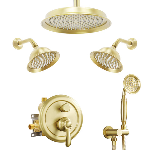 Homekicen Antique Brass Shower System with 3 Rain Shower Heads, 9" & Dual 6" Vintage Rainfall and Handheld Spray Faucet Set, Solid Brass 4 Way Diverter Valve with Trim Kit