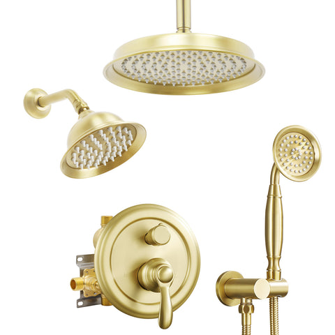 Homekicen Antique Dual Shower Head System, Ceiling Mounted Rain Head & 6" Wall Mount Vintage Rainfall and Handheld Spray Faucets Set, 3 Way Diverter Brass Valve with Trim Kit