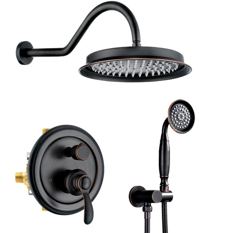 Homekicen Antique Brass Shower System Faucet Set, 9" Rainfall head with Handheld Spray Combo, 2 Way Diverter Pressure Balancing Valve with Trim Kit for Bathroom
