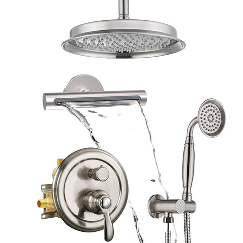 Homekicen Antique Shower-Faucet Sets System, 9" Ceiling Mounted Rain Head & Waterfall Tub Spout and Vintage Handheld Spray Combo, 3 Way Diverter Brass Valve with Trim Kit