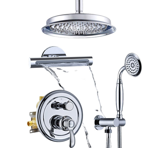Homekicen Antique Shower-Faucet Sets System, 9" Ceiling Mounted Rain Head & Waterfall Tub Spout and Vintage Handheld Spray Combo, 3 Way Diverter Brass Valve with Trim Kit