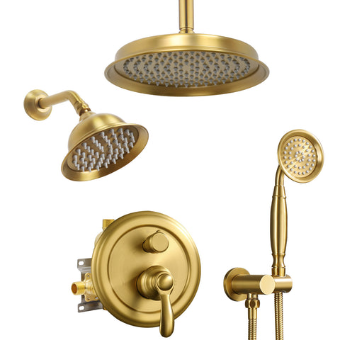 Homekicen Antique Dual Shower Head System, Ceiling Mounted Rain Head & 6" Wall Mount Vintage Rainfall and Handheld Spray Faucets Set, 3 Way Diverter Brass Valve with Trim Kit