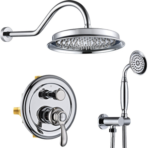 Homekicen Antique Brass Shower System Faucet Set, 9" Rainfall head with Handheld Spray Combo, 2 Way Diverter Pressure Balancing Valve with Trim Kit for Bathroom