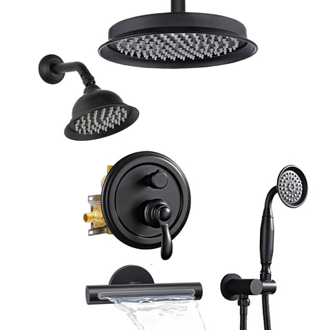 Homekicen Dual Antique Shower Head System with Waterfall Tub Spout: 9" Ceiling Rain & 6" Tilted Rainfall, Handheld Vintage Faucet Set, 4 Way Diverter Brass Valve with Trim Kit