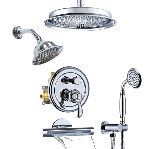 Homekicen Dual Antique Shower Head System with Waterfall Tub Spout: 9" Ceiling Rain & 6" Tilted Rainfall, Handheld Vintage Faucet Set, 4 Way Diverter Brass Valve with Trim Kit