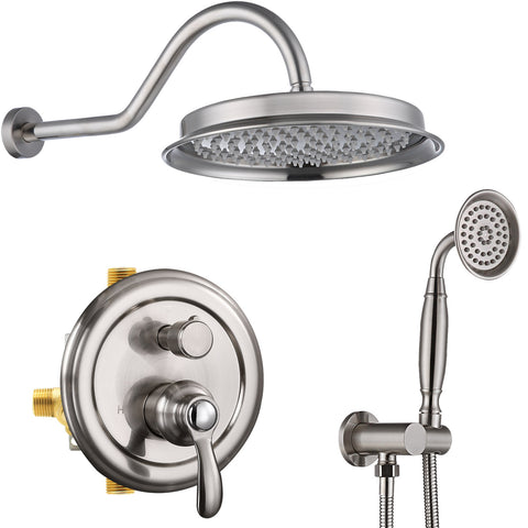 Homekicen Antique Brass Shower System Faucet Set, 9" Rainfall head with Handheld Spray Combo, 2 Way Diverter Pressure Balancing Valve with Trim Kit for Bathroom
