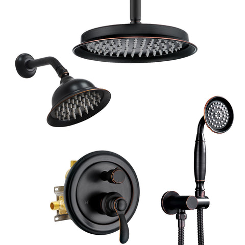 Homekicen Antique Dual Shower Head System, Ceiling Mounted Rain Head & 6" Wall Mount Vintage Rainfall and Handheld Spray Faucets Set, 3 Way Diverter Brass Valve with Trim Kit