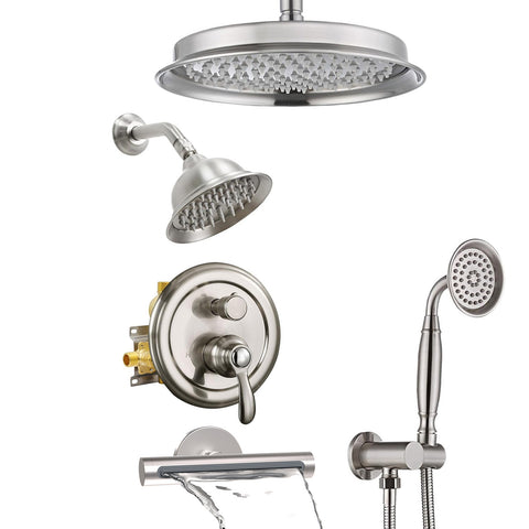 Homekicen Dual Antique Shower Head System with Waterfall Tub Spout: 9" Ceiling Rain & 6" Tilted Rainfall, Handheld Vintage Faucet Set, 4 Way Diverter Brass Valve with Trim Kit