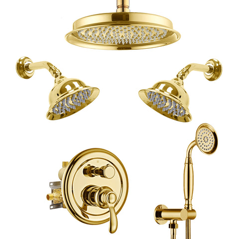Homekicen Antique Brass Shower System with 3 Rain Shower Heads, 9" & Dual 6" Vintage Rainfall and Handheld Spray Faucet Set, Solid Brass 4 Way Diverter Valve with Trim Kit