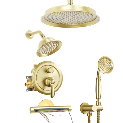 Homekicen Dual Antique Shower Head System with Waterfall Tub Spout: 9" Ceiling Rain & 6" Tilted Rainfall, Handheld Vintage Faucet Set, 4 Way Diverter Brass Valve with Trim Kit