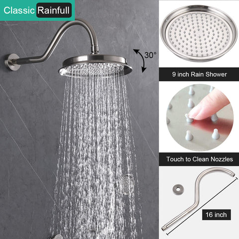 Homekicen Antique Brass Shower System Faucet Set, 9" Rainfall head with Handheld Spray Combo, 2 Way Diverter Pressure Balancing Valve with Trim Kit for Bathroom