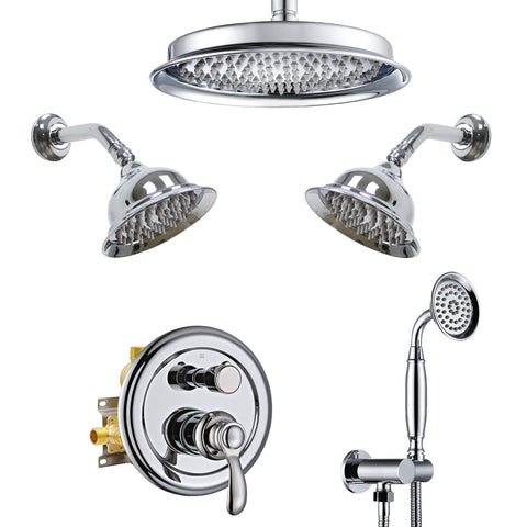 Homekicen Antique Brass Shower System with 3 Rain Shower Heads, 9" & Dual 6" Vintage Rainfall and Handheld Spray Faucet Set, Solid Brass 4 Way Diverter Valve with Trim Kit