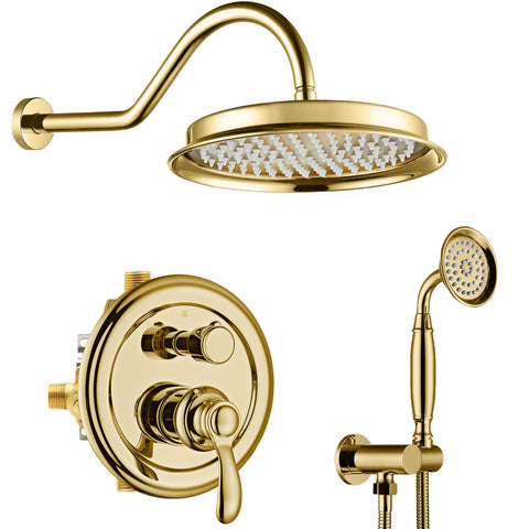 Homekicen Antique Brass Shower System Faucet Set, 9" Rainfall head with Handheld Spray Combo, 2 Way Diverter Pressure Balancing Valve with Trim Kit for Bathroom
