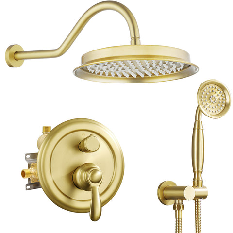 Homekicen Antique Brass Shower System Faucet Set, 9" Rainfall head with Handheld Spray Combo, 2 Way Diverter Pressure Balancing Valve with Trim Kit for Bathroom