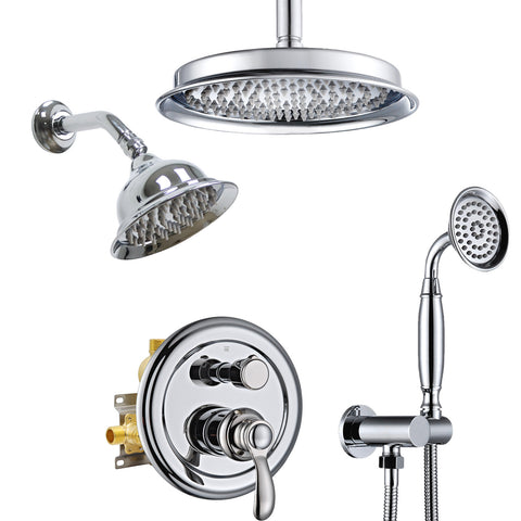 Homekicen Antique Dual Shower Head System, Ceiling Mounted Rain Head & 6" Wall Mount Vintage Rainfall and Handheld Spray Faucets Set, 3 Way Diverter Brass Valve with Trim Kit