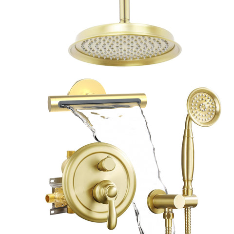 Homekicen Antique Shower-Faucet Sets System, 9" Ceiling Mounted Rain Head & Waterfall Tub Spout and Vintage Handheld Spray Combo, 3 Way Diverter Brass Valve with Trim Kit