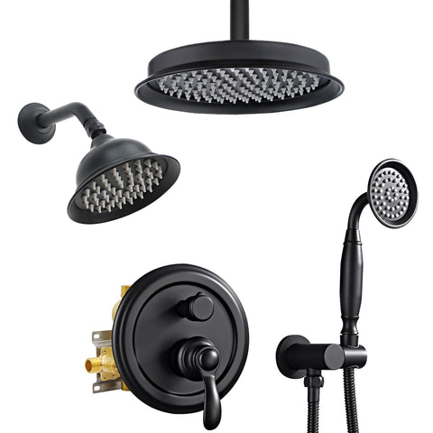 Homekicen Antique Dual Shower Head System, Ceiling Mounted Rain Head & 6" Wall Mount Vintage Rainfall and Handheld Spray Faucets Set, 3 Way Diverter Brass Valve with Trim Kit