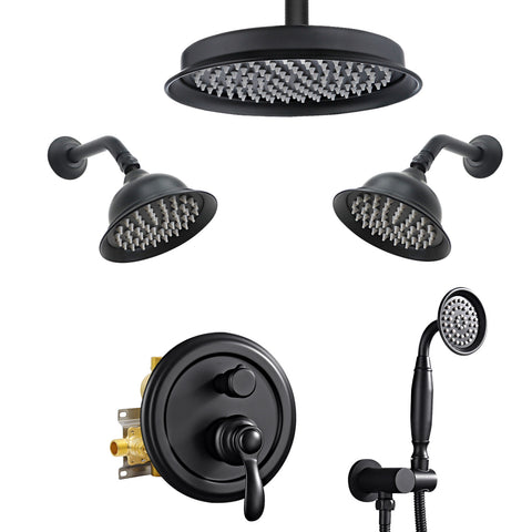 Homekicen Antique Brass Shower System with 3 Rain Shower Heads, 9" & Dual 6" Vintage Rainfall and Handheld Spray Faucet Set, Solid Brass 4 Way Diverter Valve with Trim Kit
