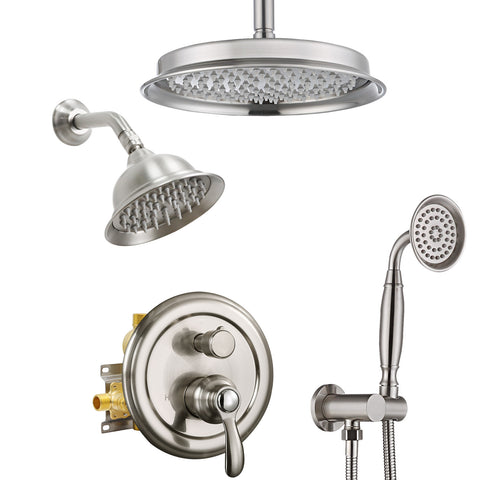Homekicen Antique Dual Shower Head System, Ceiling Mounted Rain Head & 6" Wall Mount Vintage Rainfall and Handheld Spray Faucets Set, 3 Way Diverter Brass Valve with Trim Kit