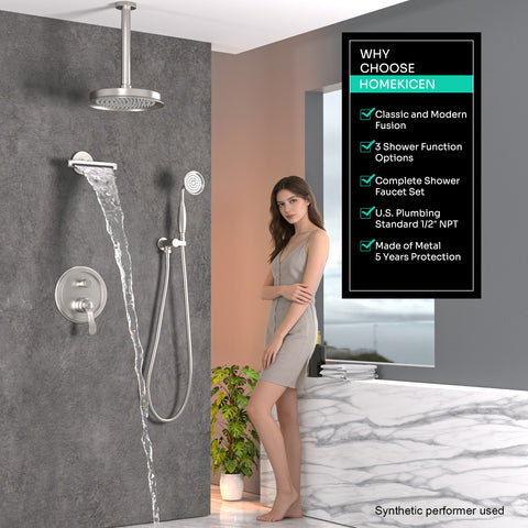 Homekicen Antique Shower-Faucet Sets System, 9" Ceiling Mounted Rain Head & Waterfall Tub Spout and Vintage Handheld Spray Combo, 3 Way Diverter Brass Valve with Trim Kit