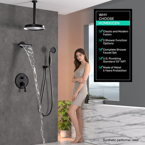 Homekicen Antique Shower-Faucet Sets System, 9" Ceiling Mounted Rain Head & Waterfall Tub Spout and Vintage Handheld Spray Combo, 3 Way Diverter Brass Valve with Trim Kit