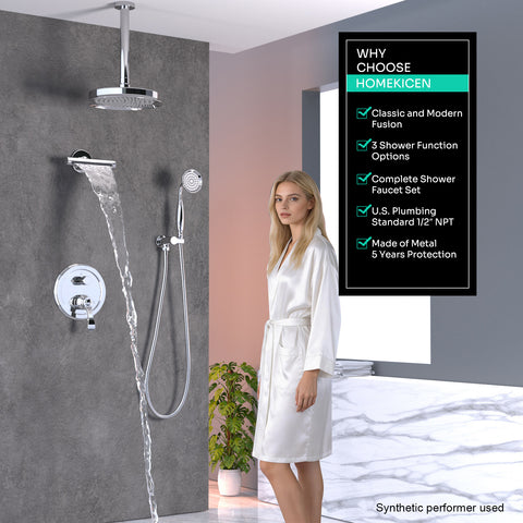 Homekicen Antique Shower-Faucet Sets System, 9" Ceiling Mounted Rain Head & Waterfall Tub Spout and Vintage Handheld Spray Combo, 3 Way Diverter Brass Valve with Trim Kit