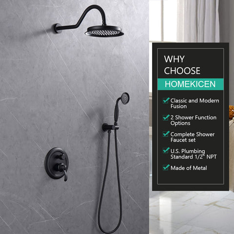 Homekicen Antique Brass Shower System Faucet Set, 9" Rainfall head with Handheld Spray Combo, 2 Way Diverter Pressure Balancing Valve with Trim Kit for Bathroom