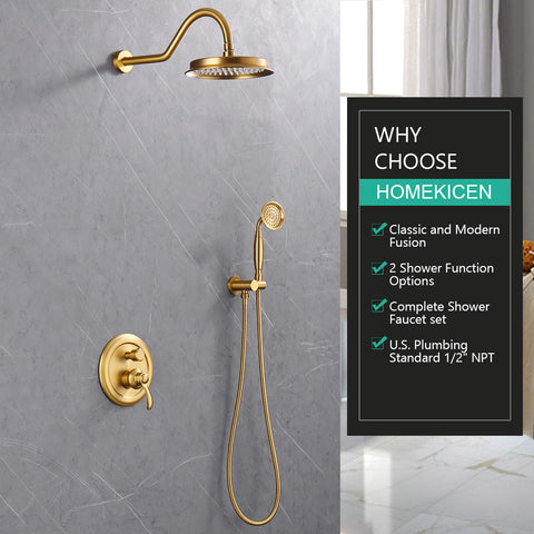 Homekicen Antique Brass Shower System Faucet Set, 9" Rainfall head with Handheld Spray Combo, 2 Way Diverter Pressure Balancing Valve with Trim Kit for Bathroom