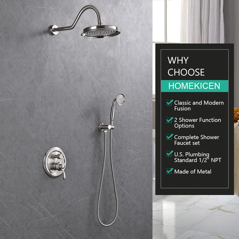 Homekicen Antique Brass Shower System Faucet Set, 9" Rainfall head with Handheld Spray Combo, 2 Way Diverter Pressure Balancing Valve with Trim Kit for Bathroom