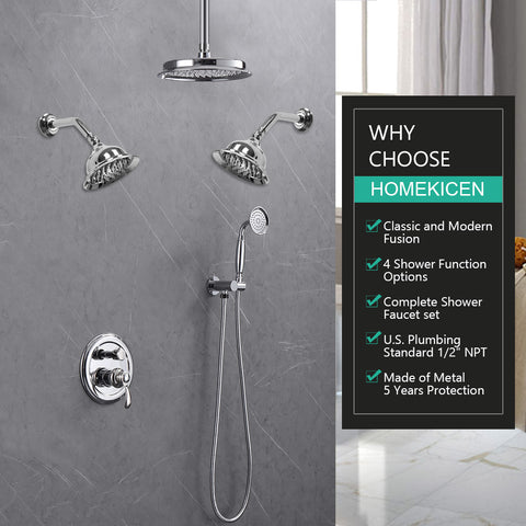 Homekicen Antique Brass Shower System with 3 Rain Shower Heads, 9" & Dual 6" Vintage Rainfall and Handheld Spray Faucet Set, Solid Brass 4 Way Diverter Valve with Trim Kit