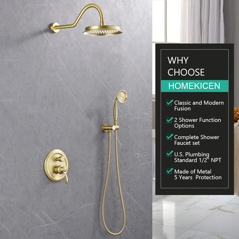 Homekicen Antique Brass Shower System Faucet Set, 9" Rainfall head with Handheld Spray Combo, 2 Way Diverter Pressure Balancing Valve with Trim Kit for Bathroom