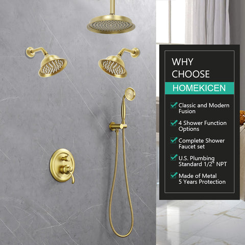 Homekicen Antique Brass Shower System with 3 Rain Shower Heads, 9" & Dual 6" Vintage Rainfall and Handheld Spray Faucet Set, Solid Brass 4 Way Diverter Valve with Trim Kit