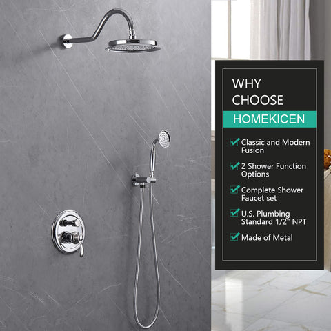 Homekicen Antique Brass Shower System Faucet Set, 9" Rainfall head with Handheld Spray Combo, 2 Way Diverter Pressure Balancing Valve with Trim Kit for Bathroom