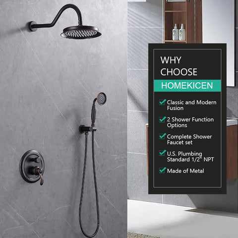 Homekicen Antique Brass Shower System Faucet Set, 9" Rainfall head with Handheld Spray Combo, 2 Way Diverter Pressure Balancing Valve with Trim Kit for Bathroom