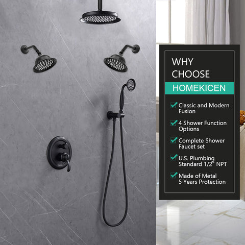 Homekicen Antique Brass Shower System with 3 Rain Shower Heads, 9" & Dual 6" Vintage Rainfall and Handheld Spray Faucet Set, Solid Brass 4 Way Diverter Valve with Trim Kit