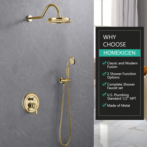 Homekicen Antique Brass Shower System Faucet Set, 9" Rainfall head with Handheld Spray Combo, 2 Way Diverter Pressure Balancing Valve with Trim Kit for Bathroom
