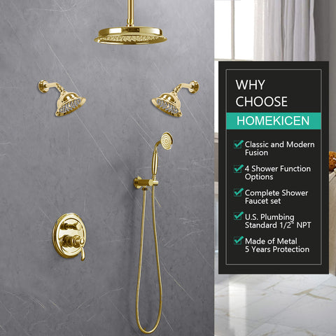 Homekicen Antique Brass Shower System with 3 Rain Shower Heads, 9" & Dual 6" Vintage Rainfall and Handheld Spray Faucet Set, Solid Brass 4 Way Diverter Valve with Trim Kit