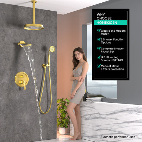 Homekicen Antique Shower-Faucet Sets System, 9" Ceiling Mounted Rain Head & Waterfall Tub Spout and Vintage Handheld Spray Combo, 3 Way Diverter Brass Valve with Trim Kit