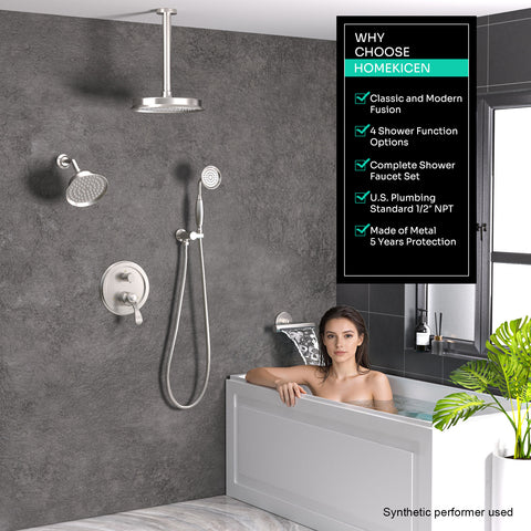 Homekicen Dual Antique Shower Head System with Waterfall Tub Spout: 9" Ceiling Rain & 6" Tilted Rainfall, Handheld Vintage Faucet Set, 4 Way Diverter Brass Valve with Trim Kit