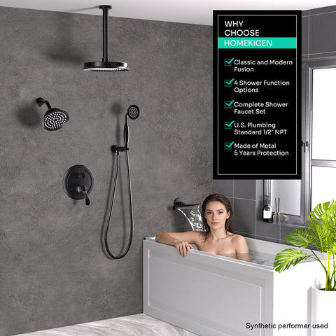 Homekicen Dual Antique Shower Head System with Waterfall Tub Spout: 9" Ceiling Rain & 6" Tilted Rainfall, Handheld Vintage Faucet Set, 4 Way Diverter Brass Valve with Trim Kit