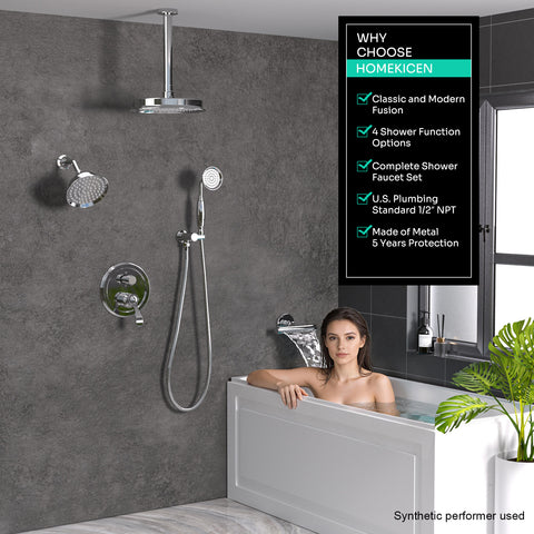Homekicen Dual Antique Shower Head System with Waterfall Tub Spout: 9" Ceiling Rain & 6" Tilted Rainfall, Handheld Vintage Faucet Set, 4 Way Diverter Brass Valve with Trim Kit