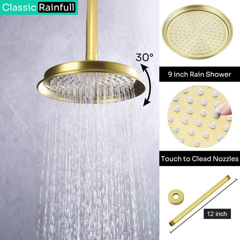 Homekicen Dual Antique Shower Head System with Waterfall Tub Spout: 9" Ceiling Rain & 6" Tilted Rainfall, Handheld Vintage Faucet Set, 4 Way Diverter Brass Valve with Trim Kit