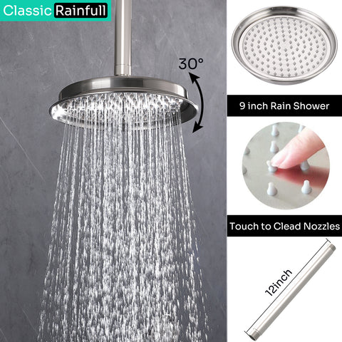 Homekicen Dual Antique Shower Head System with Waterfall Tub Spout: 9" Ceiling Rain & 6" Tilted Rainfall, Handheld Vintage Faucet Set, 4 Way Diverter Brass Valve with Trim Kit