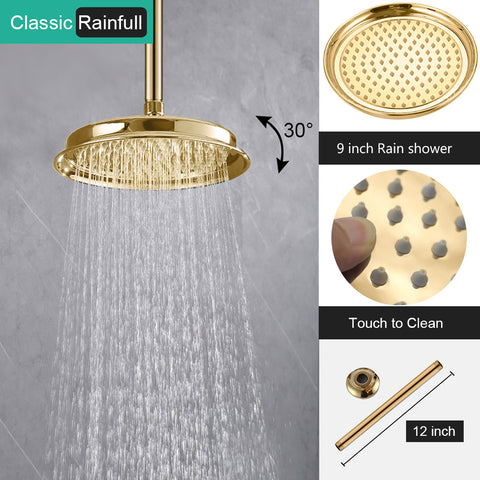 Homekicen Antique Brass Shower System with 3 Rain Shower Heads, 9" & Dual 6" Vintage Rainfall and Handheld Spray Faucet Set, Solid Brass 4 Way Diverter Valve with Trim Kit