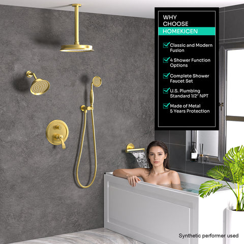 Homekicen Dual Antique Shower Head System with Waterfall Tub Spout: 9" Ceiling Rain & 6" Tilted Rainfall, Handheld Vintage Faucet Set, 4 Way Diverter Brass Valve with Trim Kit