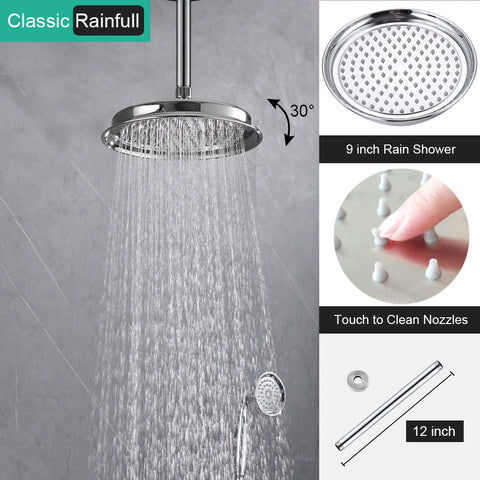 Homekicen Antique Brass Shower System with 3 Rain Shower Heads, 9" & Dual 6" Vintage Rainfall and Handheld Spray Faucet Set, Solid Brass 4 Way Diverter Valve with Trim Kit