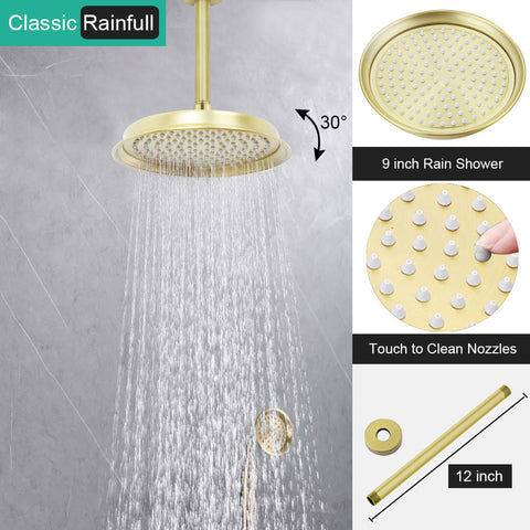 Homekicen Antique Brass Shower System with 3 Rain Shower Heads, 9" & Dual 6" Vintage Rainfall and Handheld Spray Faucet Set, Solid Brass 4 Way Diverter Valve with Trim Kit
